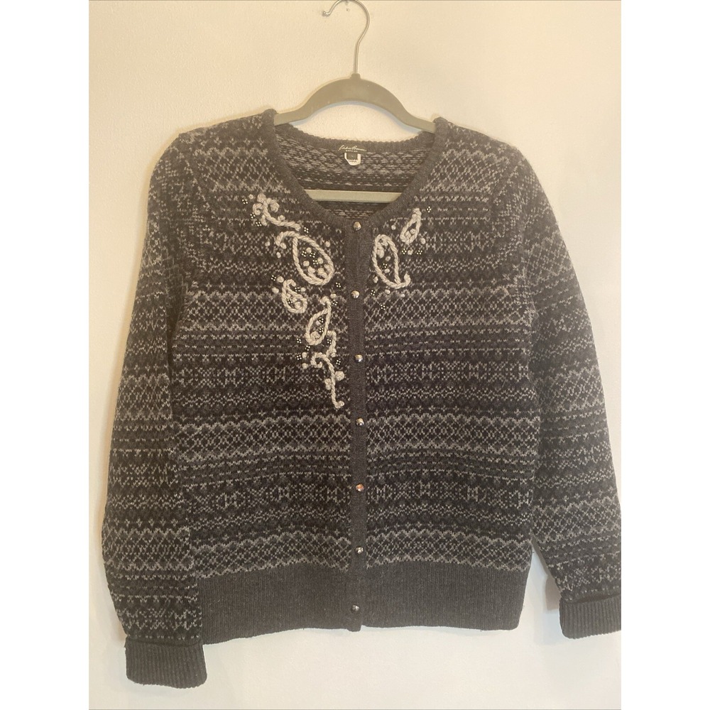 Eddie Bauer Cardigan Sweater Faire Isle‎ L  Gray Lambs Wool Cashmere Embroidere